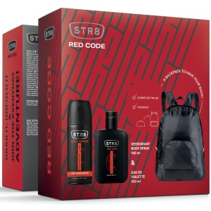 Set cadou STR8 RED CODE, Barbati: Apa de toaleta, 100 ml + Deodorant spray pentru corp, 150 ml + ghiozdan cadou