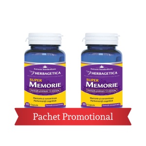 Pachet Super Memorie cu Bacopa, Ginkgo Biloba, Ginseng și Ashwagandha, 60 + 60 capsule, Herbagetica
