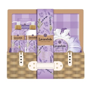 Set cosmetice Lavanda, gel de dus 180 ml, lotiune de corp 180 ml, crema de maini 120 ml, exfoliant 50 ml, 2 bombe de baie si un cos de picnic, Aurora