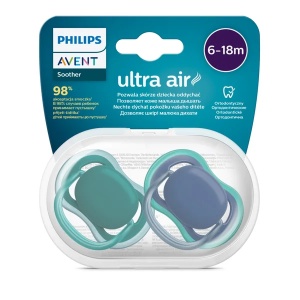 Suzete Ultra Air SCF085/31 pentru 6-18 luni Verde/Albastru, 2 bucati, Philips Avent