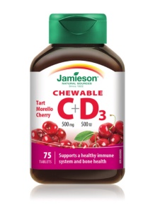 Vitamina C 500 mg + Vitamina D3 500 UI cu aroma de cirese, 75 comprimate masticabile, Jamieson