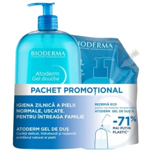 Pachet Gel de duș Atoderm 1000 ml + Rezervă eco 1000 ml, Bioderma