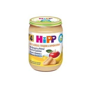 Piure BIO cu măr, banană și biscuiți, +4 luni, 190 g, HiPP