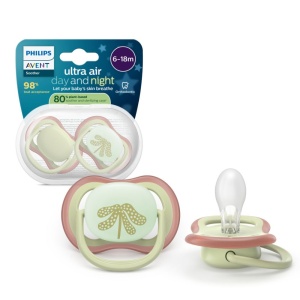 Suzete fosforescente Ultra Air, Verde, 6–18 luni, SCF087/18, 2 bucăți, Philips Avent