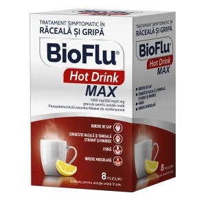 Bioflu Hot Drink Max 1000 mg/200 mg/4 mg granule pentru suspensie orala, 8 plicuri, Biofarm