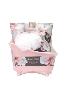 Set cosmetice de Craciun gel de dus, lotiune de corp, exfoliant, unt de corp si burete de baie, Setablu