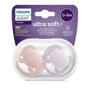 Suzete Ultra Soft SCF091/31 pentru 0-6 luni Roz/Mov, 2 bucati, Philips Avent