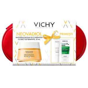 Trusa Balsam de zi hranitor cu efect de fermitate Neovadiol Magistral, 50 ml + Fluid cu SPF 50+ Capital Soleil, 15 ml + Sampon anti-matreata Dercos, 50 ml, Vichy