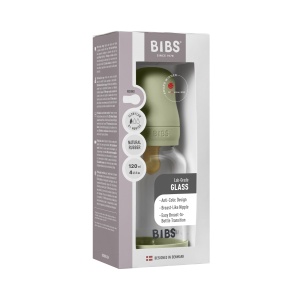 Set complet biberon din sticlă anticolici cu tetină din latex, flux lent, 120 ml, Sage, BIBS
