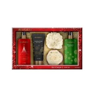 Set de Craciun pentru corp cu gel de dus, sampon, lotiune de corp, crema de maini si burete, Setablu