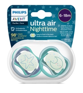Suzete fosforescente Ultra Air, 6-18 luni, Verde si Albastru, SCF376/13, 2 bucati, Philips Avent