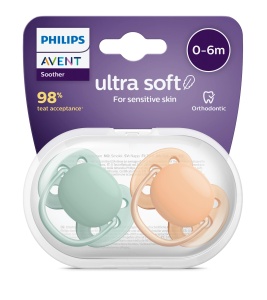 Suzete Ultra Soft verde/portocaliu, 0-6 luni, 2 bucati, SCF091/03, Philips Avent