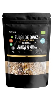 Fulgi de Ovaz Fini Fara Gluten cu Maca, Chia si Seminte de Canepa Ecologici/Bio 200 g, Niavis