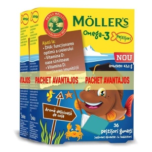 Pachet Pestisori gumati cu Omega-3 si aroma de cola, 36+36 jeleuri, Moller's