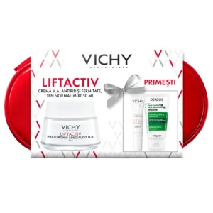 Trusa Crema de zi Liftactiv Hyaluronic Specialist H.A, 50 ml + Fluid cu SPF 50+ Capital Soleil, 15 ml + Sampon anti-matreata Dercos, 50 ml, Vichy