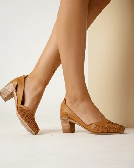 Kožne ženske cipele na stabilnu petu, kamel boja, slika 4
