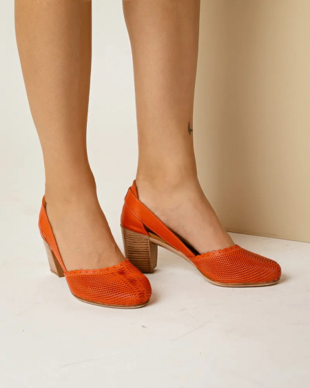 Kožne ženske cipele na stabilnu petu, koral crvena boja, slika 7