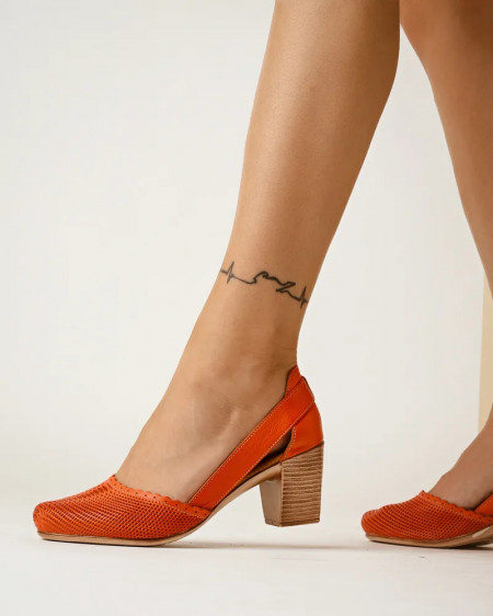 Kožne ženske cipele na stabilnu petu, koral crvena boja, slika 4
