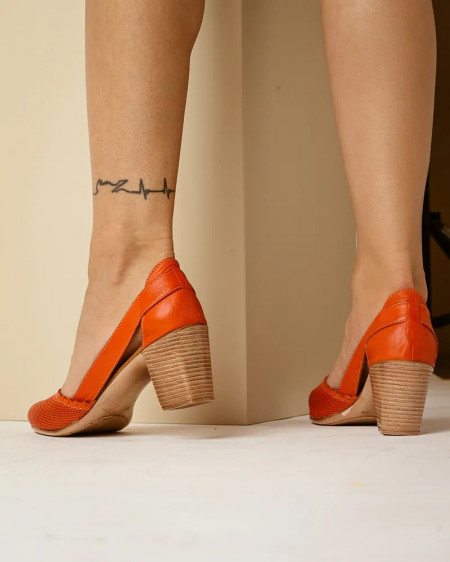 Kožne ženske cipele na stabilnu petu, koral crvena boja, slika 5