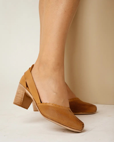 Kožne ženske cipele na stabilnu petu, kamel boja, slika 3