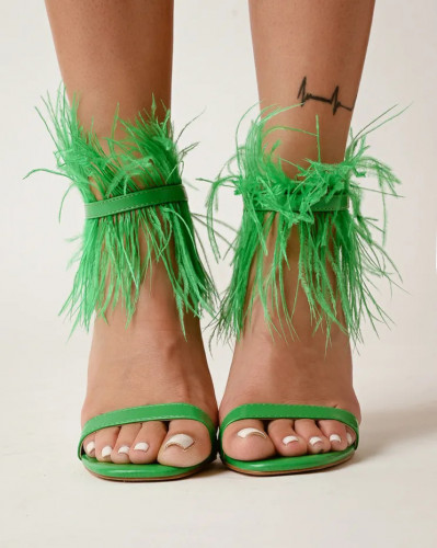 Sandale na štiklu sa perjem LS042302 zelene
