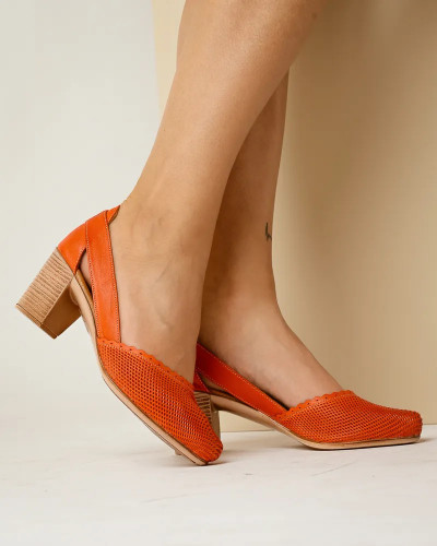 Kožne ženske cipele na stabilnu petu, koral crvena boja, slika 2
