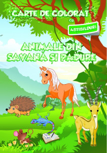 Carte de colorat cu abțibilduri - Animale din savană și din pădure