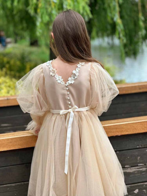 Rochie pentru fetițe din tulle cu maneci bufante si dantelă - Iris