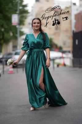 Rochie elegantă din satin cu maneci 3/4 si crapatură pe picior - Grecia