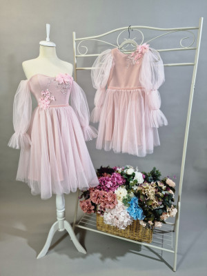 Set rochii mamă fiică roz din tulle - Ilinca