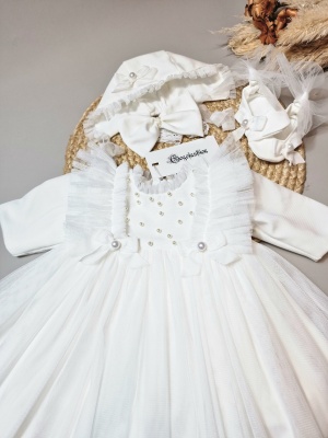Boneta botez din tulle cu buline si dantela, Dalia