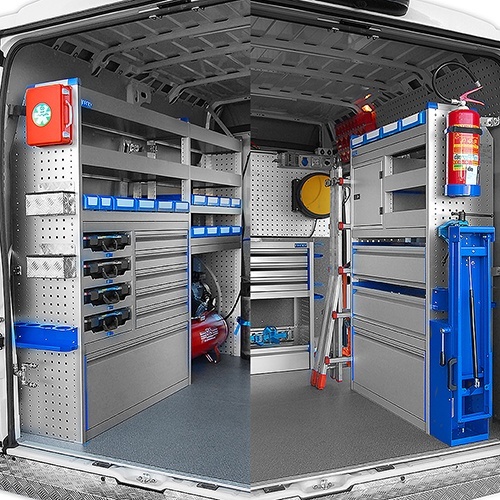 Amenajare autoutilitara service mobil cu mobilier metalic, sertare si panouri perforate