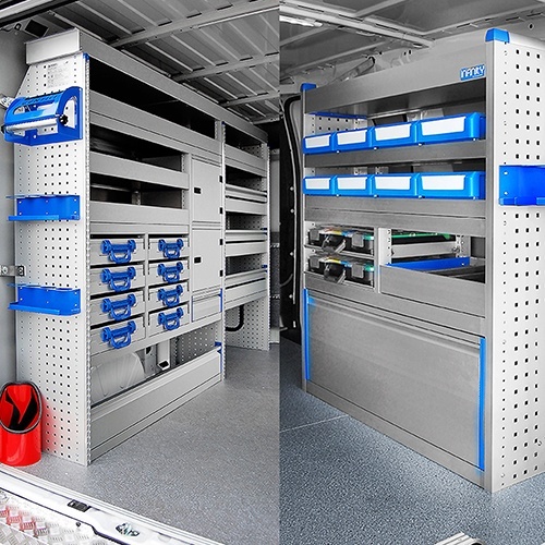 Mobilier autoutilitara service Infinity cu sertare metalice, rafturi si cutii pentru organizare unelte