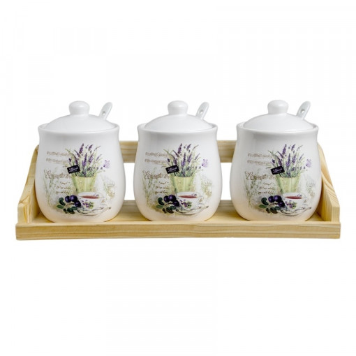 Set 3 recipiente ceramice condimente + suport + linguri, model lavanda