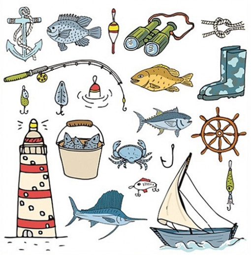 Sticker pentru geam cu motive de mare - barca, far si pesti, 30 x 33.5 cm