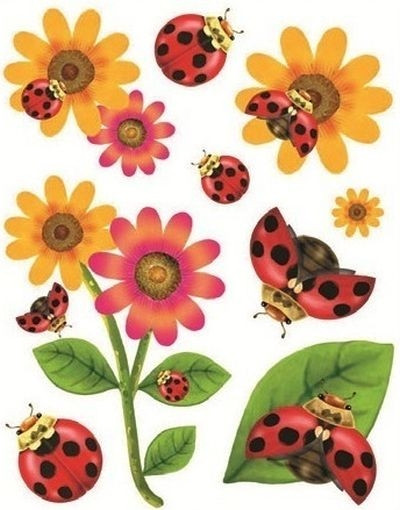 Sticker pentru geam, flori galbene si buburuze, 30 x 38 cm