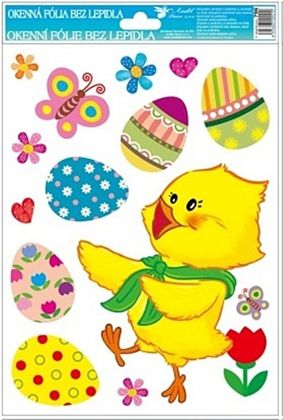 Autocolant de Pasti pentru fereastra 27x20cm - puisor fericit si oua colorate