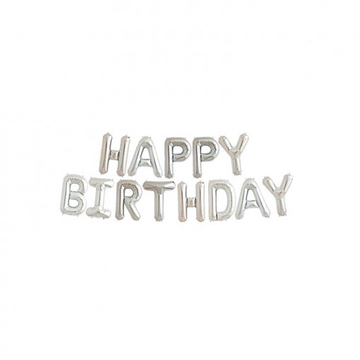 Set 13 baloane folie 16" (41cm) - Happy Birthday argintiu