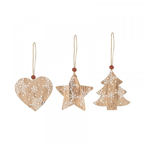 Set 3 decoratiuni de iarna din lemn - inima-stea-brad, 7 cm