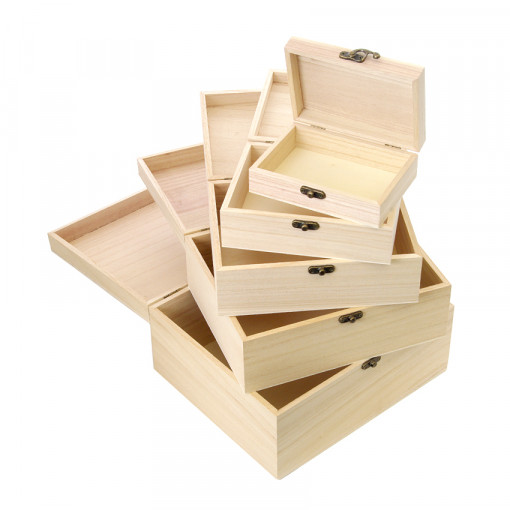 Set 5 cutii mari din lemn cu 1 inchizator clasic, 27 x 23 x 13 cm