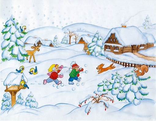 Sticker de iarna pentru geam - copii la bulgareala, 42 x 30 cm