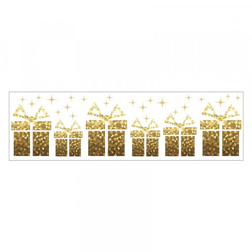 Sticker geam de iarna cu holograma - cadouri aurii, 64 x 15 cm