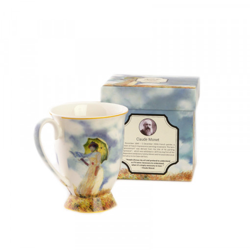 Cana ceai ceramica in cutie cadou decor CLAUDE MONET "Femeie cu umbrela", 270 ml