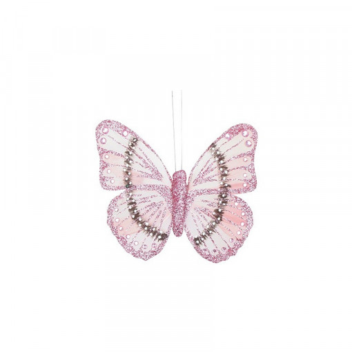 Fluturas decorativ roz, cu sclipici si cleste de prindere, 12 cm