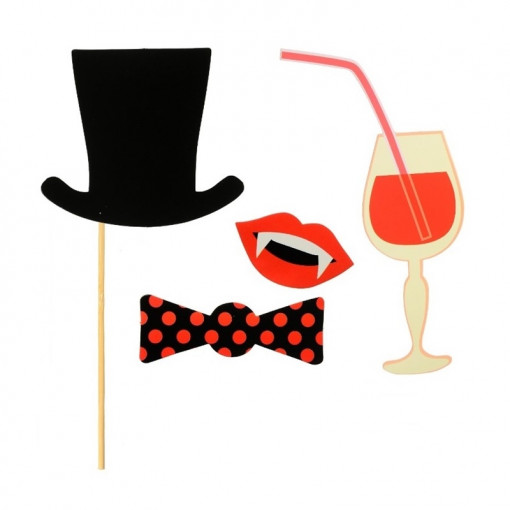 Set 4 accesorii (propsuri) pentru poze Photo Booth - pahar cu pai, dinti de vampir, palarie, ochelari