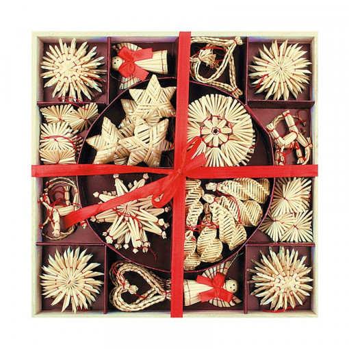 Set 56 ornamente din paie pentru bradul de Craciun, in cutie