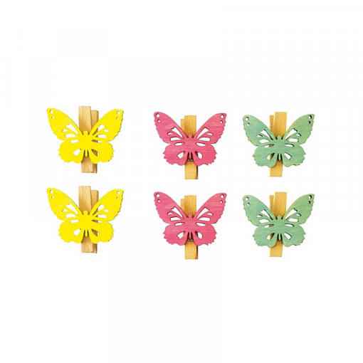 Set 6 clestisori cu fluturasi din lemn vopsit - galben-roz-turcoaz, 4 cm
