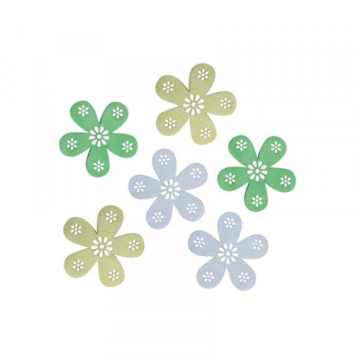 Set 6 flori gravate din lemn verzi si albastri, 6 cm