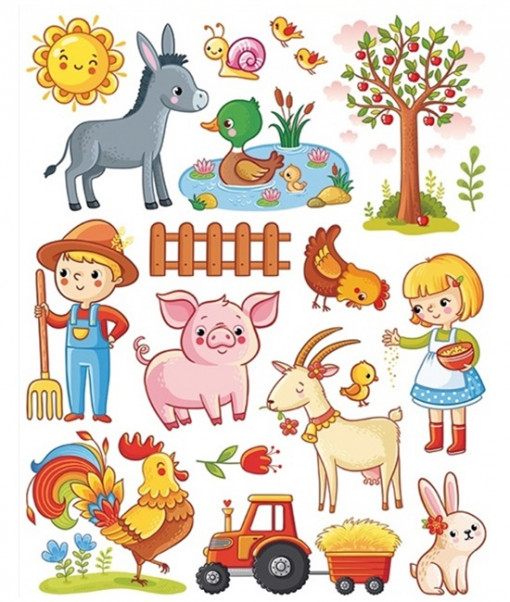 Sticker geam – animale domestice cu tractor, 17 buc., 30 x 42 cm