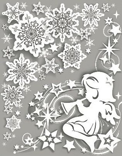 Sticker geam cu motive de iarna - ingeras cu trompeta si stele, 38 x 30 cm